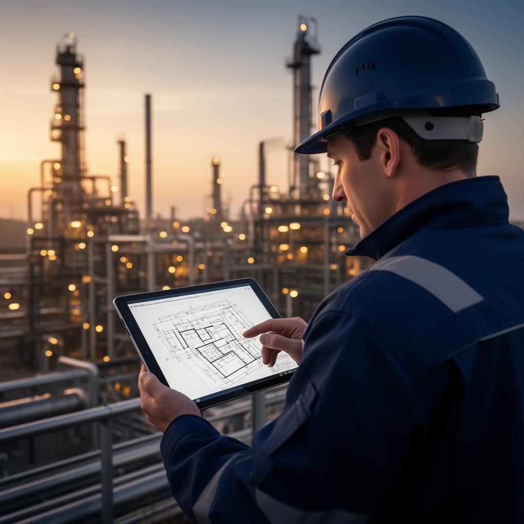 Inženjer s blueprintom pred energetskim postrojenjem